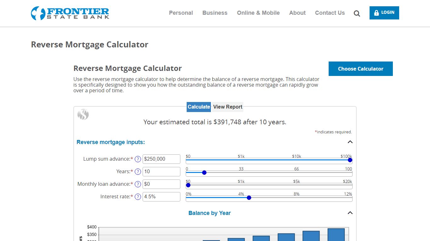 Reverse Mortgage Calculator :: Frontier State Bank